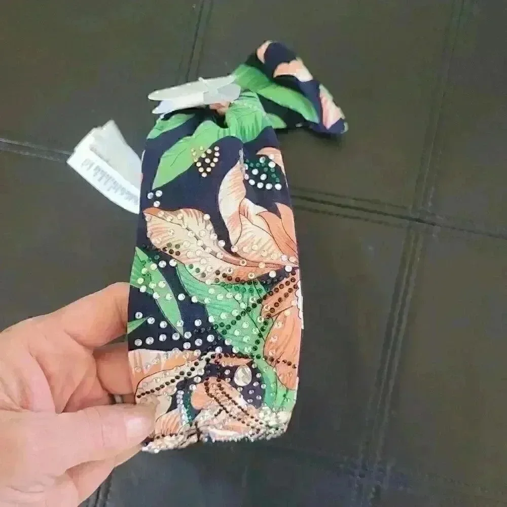 Aldo Women's Green/Navy/Peach Floral with Rhinestone Accents Hair Headband - NEW